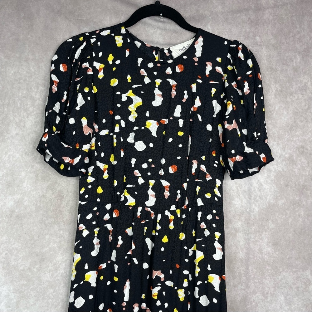 Ba&sh Tonya Gathered Printed Satin-Jacquard Midi Dress In‎ Black Size 0 US XS - Picture 3 of 10